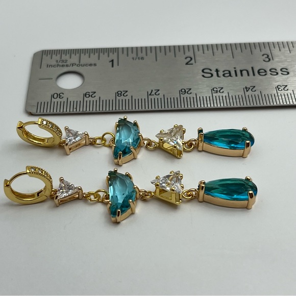 Turquoise Glass White Cubic Zirconia Rhinestone Latch Back Dangle Earrings - Picture 2 of 2